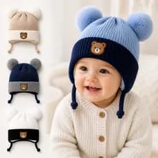 Touca Infantil Inverno 2 Pompons Forrada 1 a 2 Anos Gorro Bebê Ursinho Quentinha
