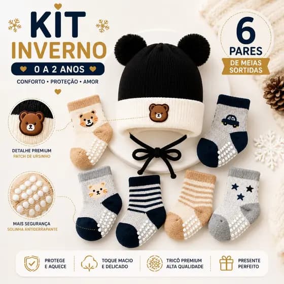 Kit Touca Bebê Inverno 2 Pompons Forrada + 6 Pares Meia Antiderrapante 1-2 Anos
