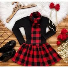 Conjunto Feminino Inverno 3 PEÇAS (Manga Longa + Saia + Cachecol) Xadrez Infantil Menina)