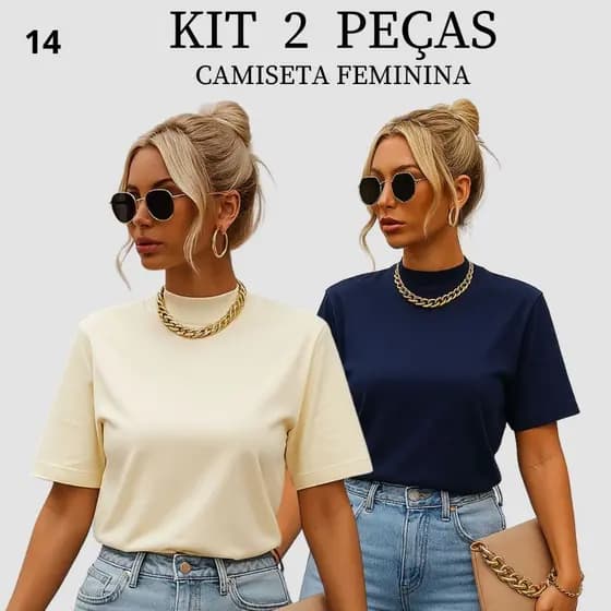 Kit 2 T-shirt Feminina Camiseta Gola Alta Simples 100% Algodão Premium T-shirt Marrom Gola Ribana