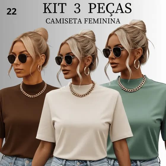Kit 3 Camiseta Feminina Blusinha T-shirt Manga Oversized Gola Alta Lisa 100% Algodão Macio