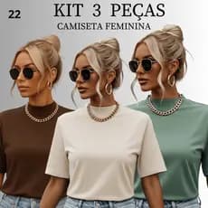 Kit 3 Camiseta Feminina Blusinha T-shirt Manga Oversized Gola Alta Lisa 100% Algodão Macio