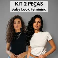 Kit com 2 Babylook T-Shirt Camiseta Básica Feminina Gola Ribana Alta 100% Algodão Baby Tee Moda Blogueira Manga Curta