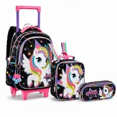 Kit Mochila De Rodinha Unicórnio Estojo e Lancheira Térmica