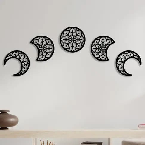 Aplique de Parede vazado Mdf Preto Kit 5 Mandalas fases da Lua 2 Quadro Decorativo