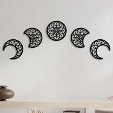 Aplique de Parede vazado Mdf Preto Kit 5 Mandalas fases da Lua 2 Quadro Decorativo