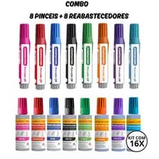 Kit Com 8 Marcadores de Quadro Branco + 8 Reabastecedores - COMPACTOR