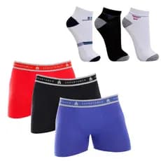 Kit com 3 Cuecas Boxer Masculina + 3 Pares de Meias Cano Curto Algodão