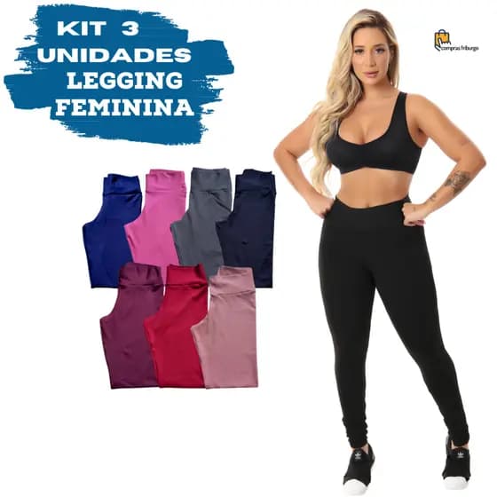 Kit 3 Calças Legging Feminina Básica Cós Alto Academia
