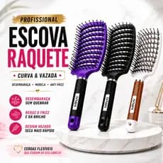 Escova Raquete Curva Vazada Cerâmica Profissional Desembaraçar Cabelos Anti Frizz