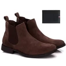 Botina Masculina Chelsea Couro Camurça  + Carteira Preta Porta Cartões em Promoção