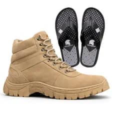 Bota Masculina Estilo Coturno Militar Couro Areia de Cano Curto + Chinelo Notorian