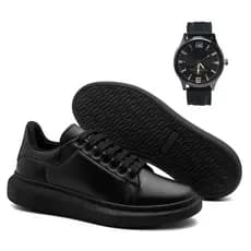 Tenis Sport Fino Solado Alto 3cm Elástico Sneaker Preto Sola Antiderrapante + Relógio Ponteiro