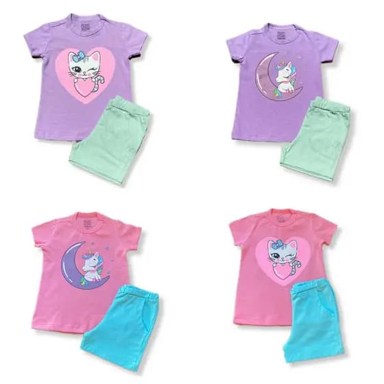 PIJAMA INFANTIL MENINA PIJAMAS FEMININO MANGA CURTA E SHORT CONFORTAVEL 100% ALGODÃO