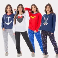 Pijama Feminino Longo Estampa Personagens  Confortável Comprido Frio Adulto Personagem Inverno