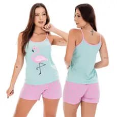 Baby Doll Flamingo Pijama Estampado Feminino Verão Roupa de Dormir Malha Confortável Short Alcinha 325