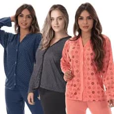 Kit 3 Pijama Aberto Longo Estampado Confortável Inverno Frio Gestante Pós Cirurgíco Feminina