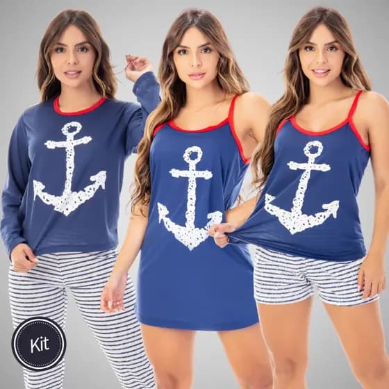 Kit Noturno 4 Estações Pijama Longo Manga Comprida Calça Short Doll Estampado Camisola Curta