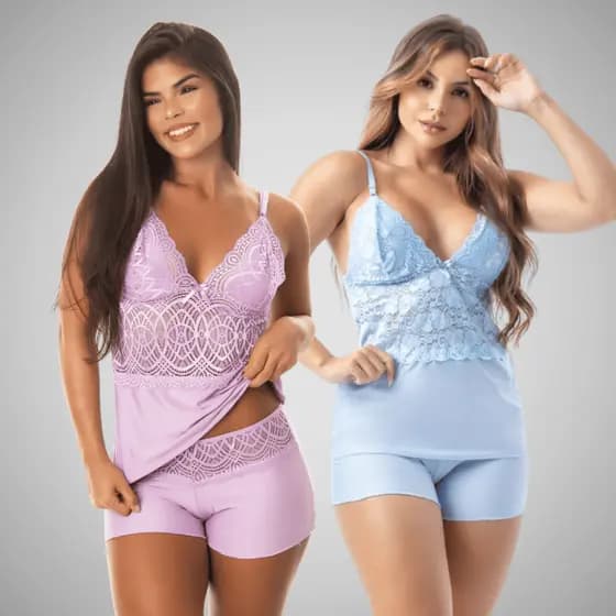 Kit 2 Pijama Baby Doll Microfibra Renda Linha Noite Sensual Feminina Confortável Verão Short Regata Promoção 302