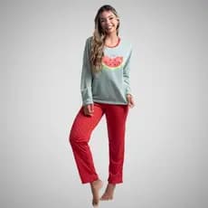 Traje de Dormir Manga Comprida Calça Desenho Tropical Melancia Linha Noite Inverno Frio 330