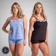 Kit 2 Pijamas Short Fresquinho Alça Fina Detalhe Babadinho  Estampas Sortidas Linha Noite Feminina 352