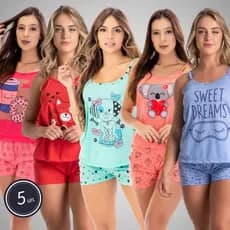 Kit 5 Baby Doll Pijama Estampado Alcinha Confortável Fresquinho Roupa De Dormir Short Estampado Traje Para Dormir Verão