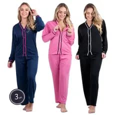 Kit 3 Traje De Dormir Longo Botão Confortável Amamentação Pós-cirúrgico Malha Lisa Linha Noite Roupa Dormir Feminina 354