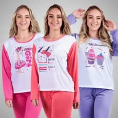 Kit 3 Pijamas Manga Comprida Estampa Sortida Conjunto Dormir Feminino Frio Linha Noite Inverno 314
