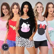 Kit 5 Conjunto de  Dormir Alcinha Verão Curto Personagens Animal Print Pijama Adulto Feminino 325