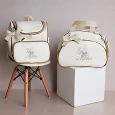 Kit Off Bolsa Maternidade Personalizado e Bordado 2 Peças l Mala e Mochila l luxo com Laço