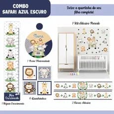 Adesivo de Parede + Faixas + Régua + Porta Maternidade + Quadros Safari Baby Aquarela Azul Escuro/ Marinho