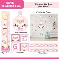 Adesivo de Parede + Faixas + Régua + Porta Maternidade + Quadros Ovelhinha Rosa