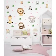 Kit de 44 Adesivos Recorte Animais Safari Rosa + Bolinhas - Papel de Parede Infantil (MOD-007)