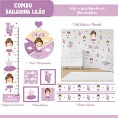 Adesivo de Parede + Faixas + Régua + Porta Maternidade + Quadros Bailarina Lilás - Decoração Quarto de Menina