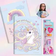 Caderno Grande Unicórnio Brochura Capa Dura Kit 2un com Pauta + Kit Escolar 4pcs Ensino Fundamental
