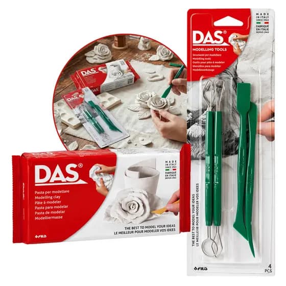 Kit Modelagem DAS Completo com Massa 500g + Estecas 4 Peças Profissional Biscuit Cerâmica Fria