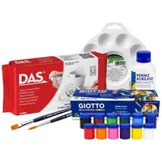 Kit Artesanato 6pcs Massa DAS Branca Tinta Acrílica 12 Cores Pinceis Taklon Verniz Brilhante e Godê