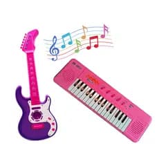 Kit Guitarra + Teclado Rosa Instrumentos Musicais Super Kit Musical Bandinha Infantil