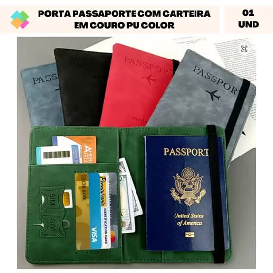 Porta Passaporte com Carteira em Couro PU Color com Elástico, Impermeável e Proteção RFID (1 Und)