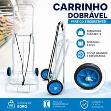 Carrinho de mão dobrável rodas emborrachadas 5" polegadas para cargas até 80kg Jumbinho Roda Azul