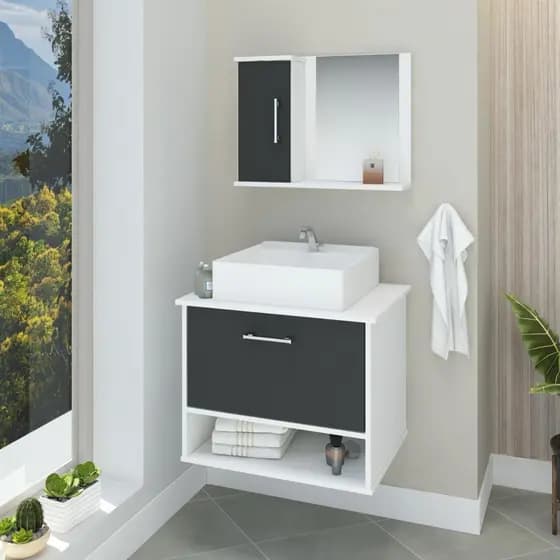 Conjunto gabinete banheiro Malibu 50 cm com cuba e espelheira
