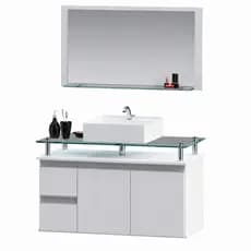 Conjunto Gabinete Banheiro Diamante 80cm MDF + Espelheira + Cuba + tampo de vidro temperado