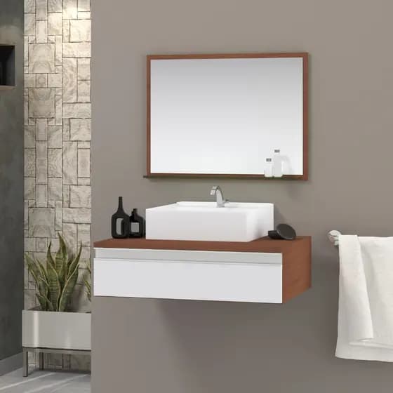 Conjunto safira MDF 60cm gabinete armário banheiro com cuba e espelheira (com espelho) Marticoni