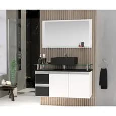 Conjunto Gabinete Banheiro Diamante 80cm MDF + Espelheira + Cuba + tampo de vidro temperado
