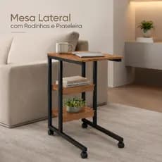 Mesa Lateral com Rodinhas e Prateleiras 60cm – Multiuso para Sofá/Cama/Apoio para Notebook/Café
