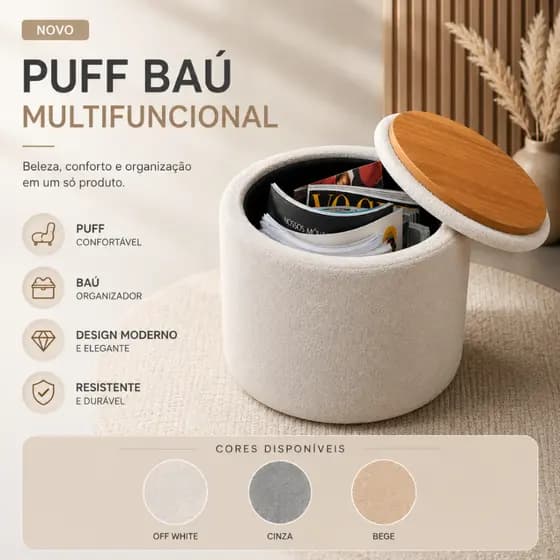 Puff Baú Redondo Multiuso 40cm com Tampa Firme Mesa de Apoio. Nas cores Bege/ Cinza /Off White