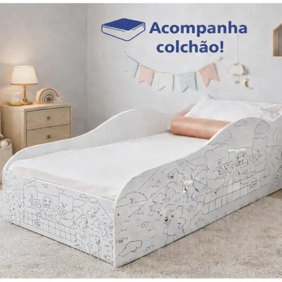 Cama Infantil para Colorir com Colchão – Modelo Divertido com Proteção Lateral