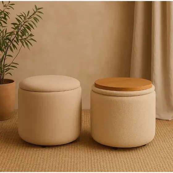 Puff Baú Redondo Reforçado 40x40cm Bege com Tampa Mesa Apoio Decorativo
