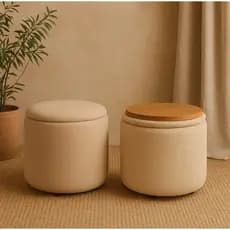 Puff Baú Redondo Reforçado 40x40cm Bege com Tampa Mesa Apoio Decorativo