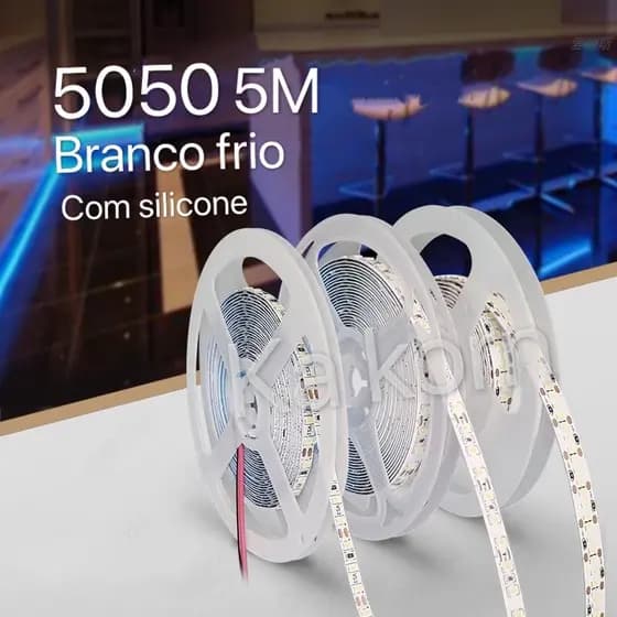 Fita Led 5050 Branco Frio 5 metro Com Silicone prova D’água com fonte 12v